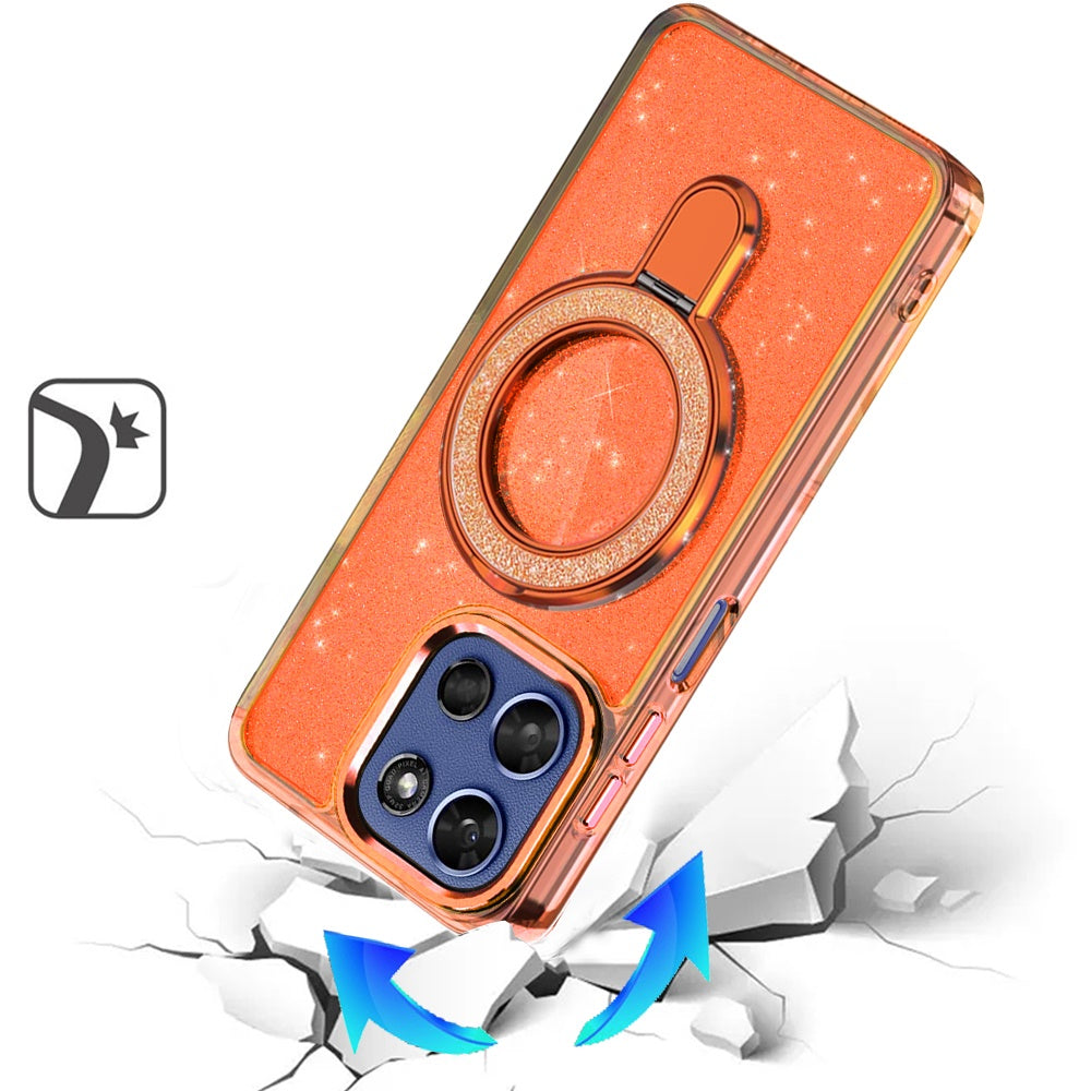 For Motorola Moto G Stylus 5G 2026 /2025 Transparent Glitter Bling Case with Rotating Magnetic Ring Stand, Shockproof Hybrid Case Cover Cosmic Orange