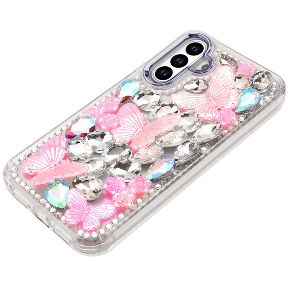 For Samsung Galaxy A16 3D Diamond Floral Butterfly Bling Stone Hybrid, Sparkly Rhinestone Gemstone Back Shockproof Case Cover