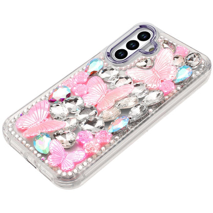 For Samsung Galaxy A36 3D Diamond Floral Butterfly Bling Stone Hybrid, Sparkly Rhinestone Gemstone Back Shockproof Case Cover