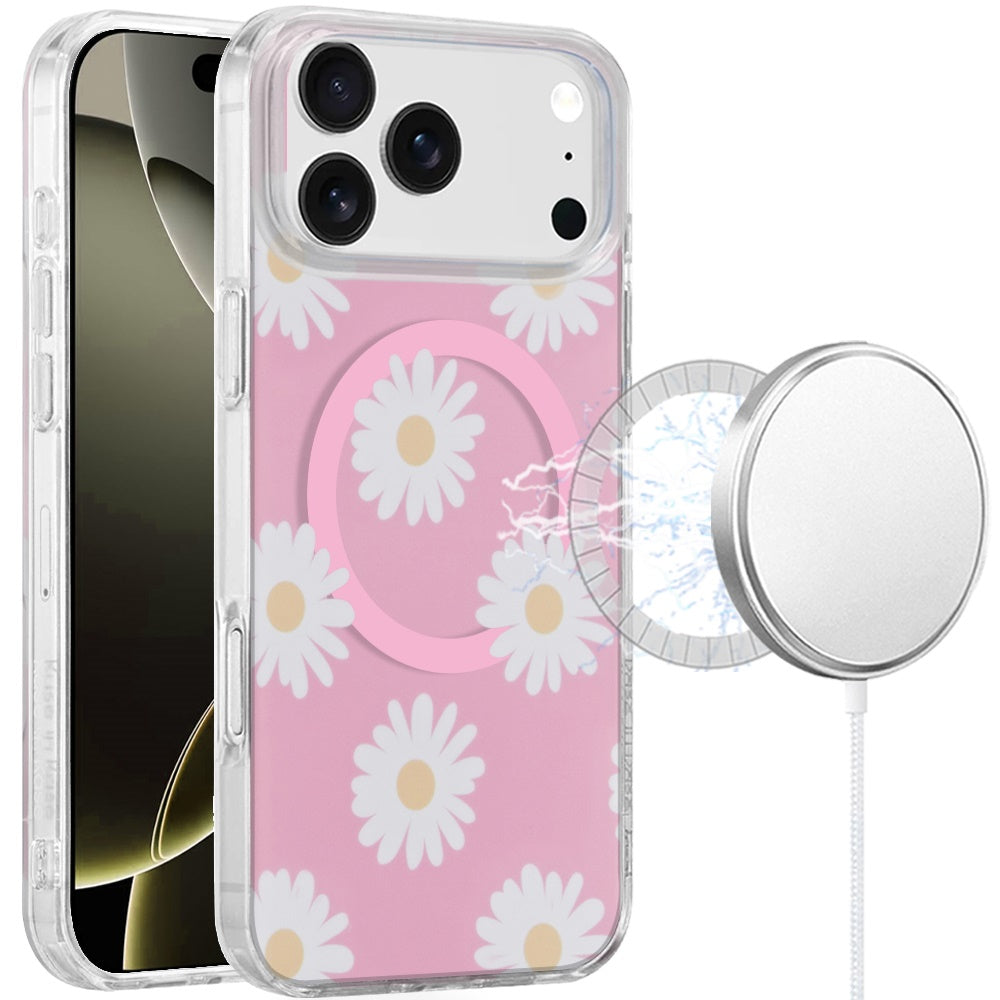 For Apple iPhone 17 Pro Max Stylish Pattern Fashion IMD Printed Design TPU Double Layer Slim Shockproof with Magnetic Back Case Cover Daisy Aster Flower