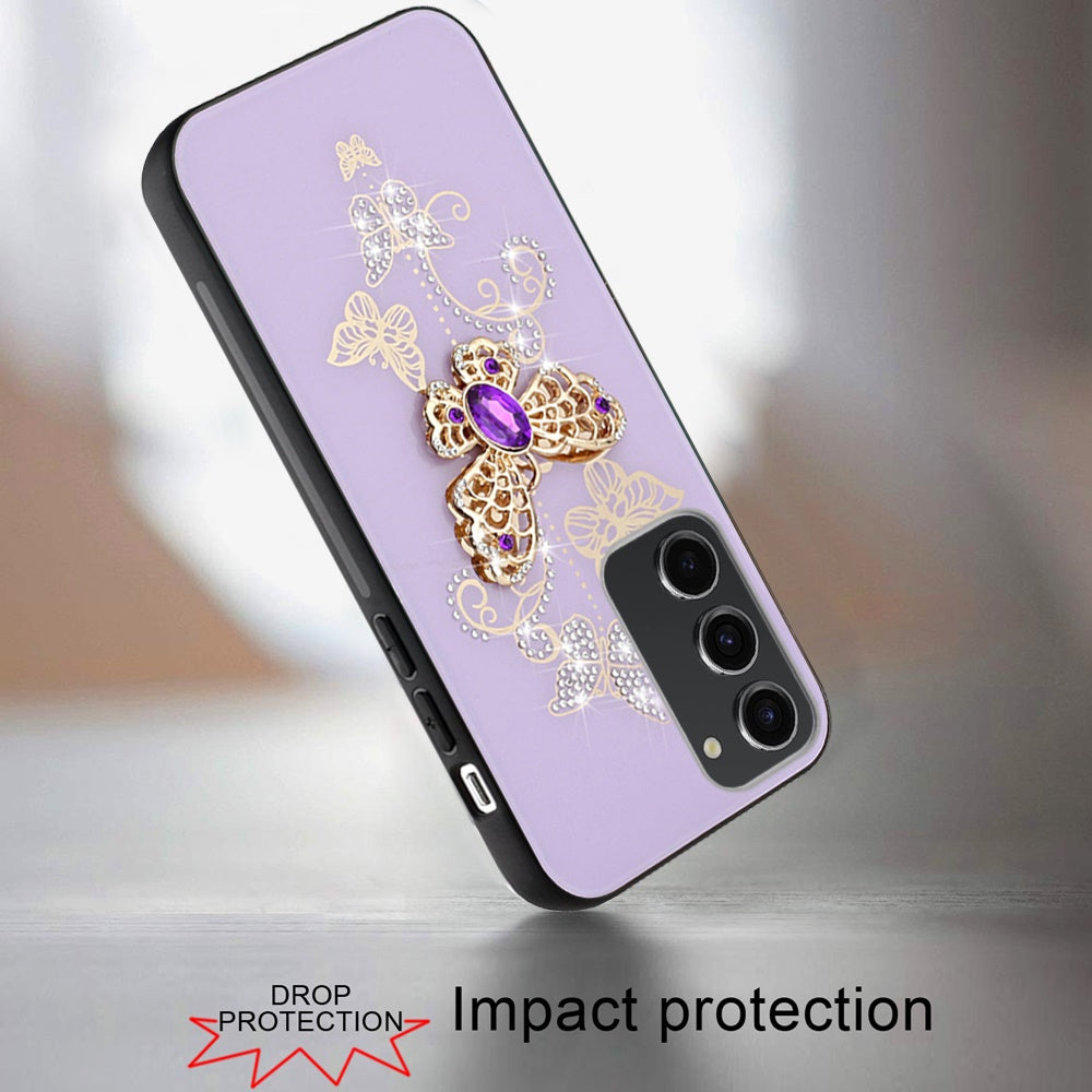 For Samsung Galaxy A36 Diamonds 3D Butterfly Bling Sparkly Glitter Ornaments Engraving Hybrid Metal Fashion Case Cover Purple Garden Butterflies