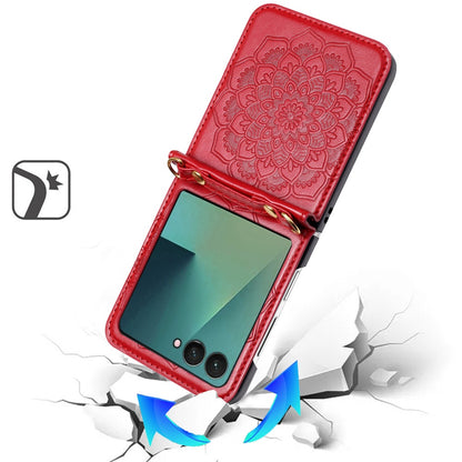 For Samsung Galaxy Z Flip 7 FE Embossed Floral PU Leather Henna Mandala Design Flip Cover with Strap, Hybrid Protective Case Cover Red
