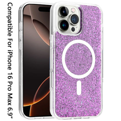 For Apple iPhone 16 Pro Max (6.9") Magnetic MagSafe Wireless Compatible Epoxy Glitter Shiny Sparkle Bling Hybrid Slim PC + TPU Frame Case Cover
