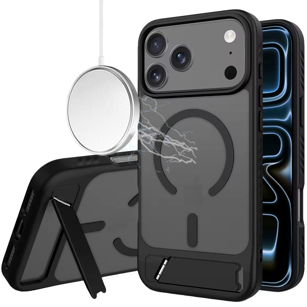 For Apple iPhone 17 Pro (6.3") Matte Magnetic Circle Back TPU Hybrid Drop Protection with Metal Kickstand Shockproof Design Case Cover