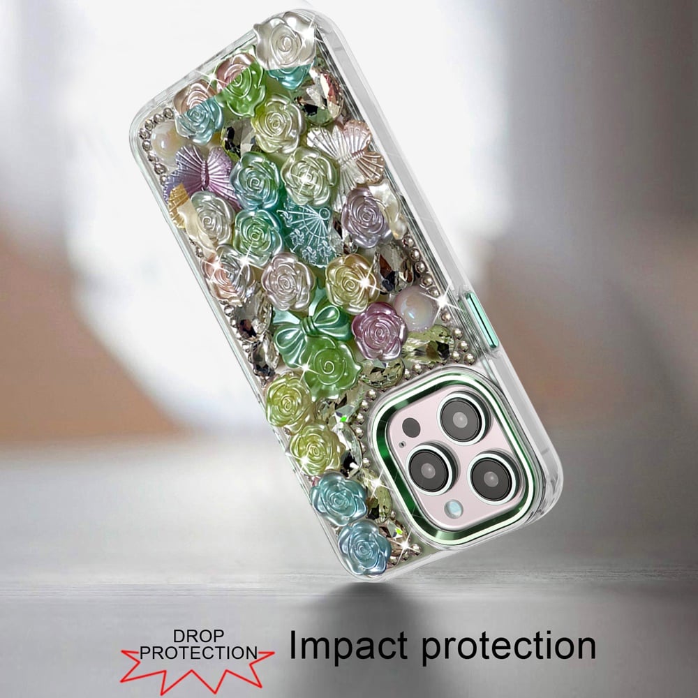 For iPhone 14 Pro Max (6.7") Muti-Color Floral Fashion Bling Crystal 3D Full Diamonds Stones Sparkle Rhinestone Glitter Hybrid Case Cover Green