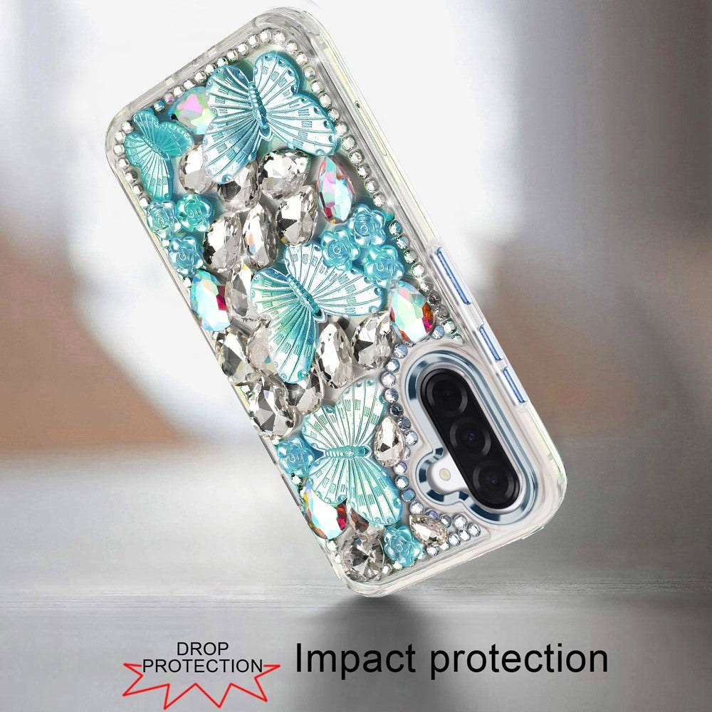 For Samsung Galaxy A37 3D Diamond Floral Butterfly Bling Stone Hybrid, Sparkly Rhinestone Gemstone Back Shockproof Case Cover