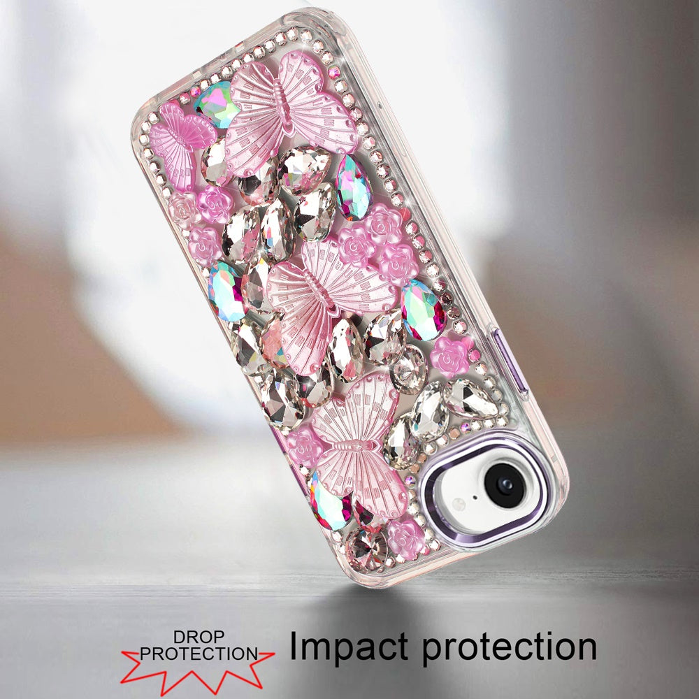 For Apple iPhone 16e 3D Diamond Floral Butterfly Bling Stone Hybrid, Sparkly Rhinestone Gemstone Back Shockproof Case Cover