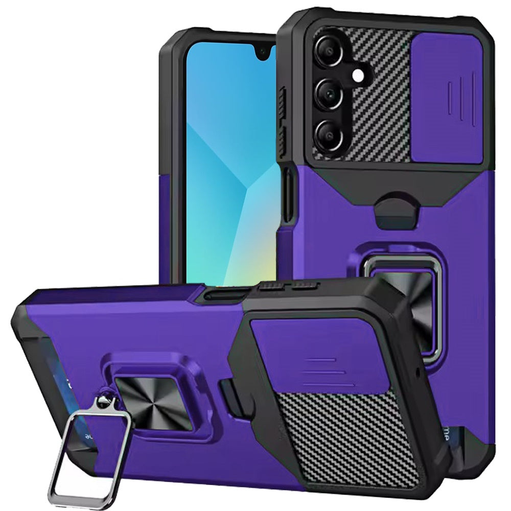 Wallet Case with Ring Stand & Slide Camera Cover Back Credit Card Slot Holder, Military Grade