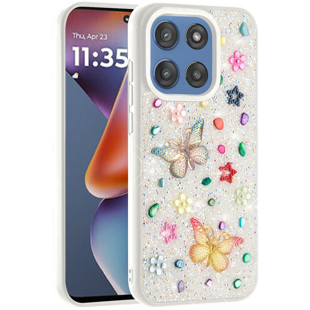 For Motorola Moto G 5G 2025 Diamond Butterfly 3D Glitter Bling Design, Slim Hybrid Sparkle Protective Cover TPU for Women Girls Case Cover White