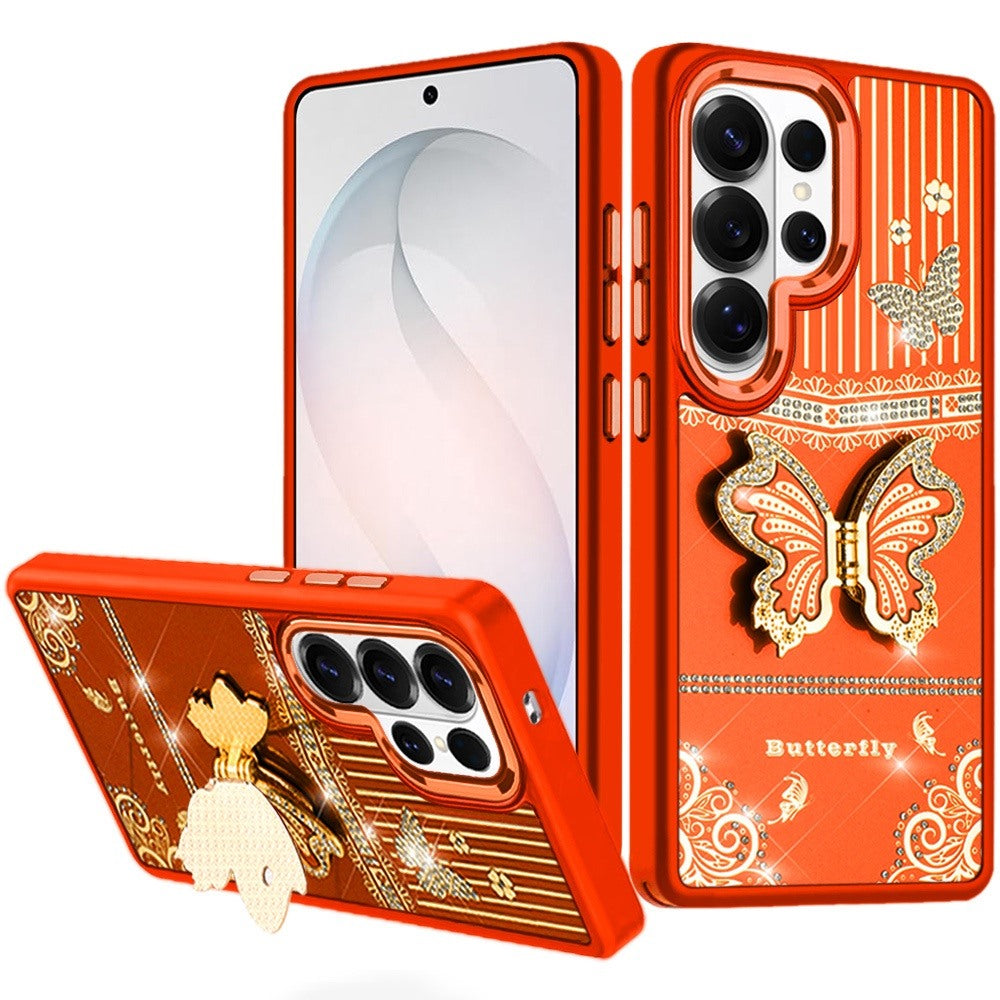 Phone Case for Samsung Galaxy S26 Ultra Glitter Bling Butterfly Stand Metallic Edge Hybrid Shockproof Grip Durable Camera Protection Stylish Design Cover Cosmic Orange
