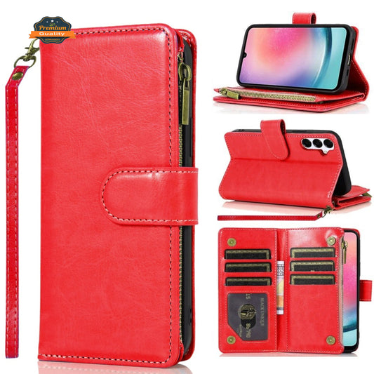 For Motorola Moto G Stylus 5G 2025 Leather Wallet Case with Zipper, 9 Card Slots, Cash Pocket, Stand & Strap, Clutch Pouch Design Case Cover Red