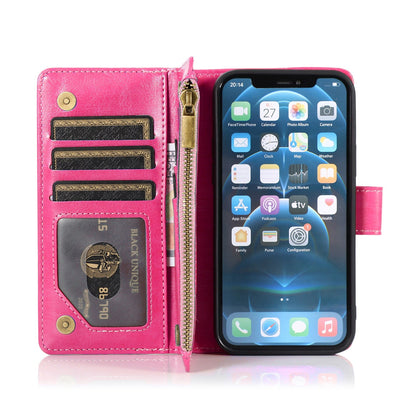 Phone Case for Apple iPhone 16 Luxury Leather Wallet Card Holder Zipper Pocket Money Storage Protective Grip Design with Strap Cover Hot Pink