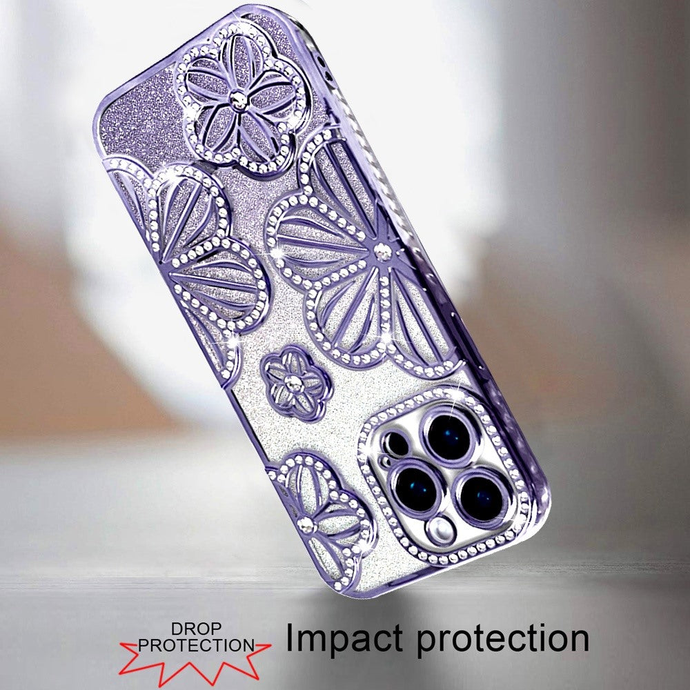 For Samsung Galaxy A16 Luxury Flower Design Sparkle Glitter Diamond Rhinestone Shimmer Bling Plating Thick TPU Hard PC Case Cover Flower Purple
