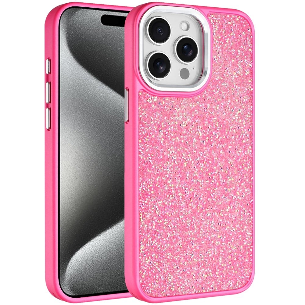 For Apple iPhone 15 Pro Max Crystal Sparkle Diamond Glass Full Mini Glitter Bling Frame TPU Hybrid Protective Case Cover