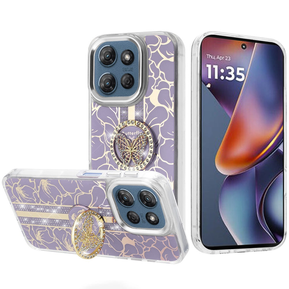 For Motorola Moto G 5G 2025 Diamonds 3D Butterfly Floral Design Bling Sparkly Glitter Hybrid Metal Fashion with Ring Stand Case Cover Purple