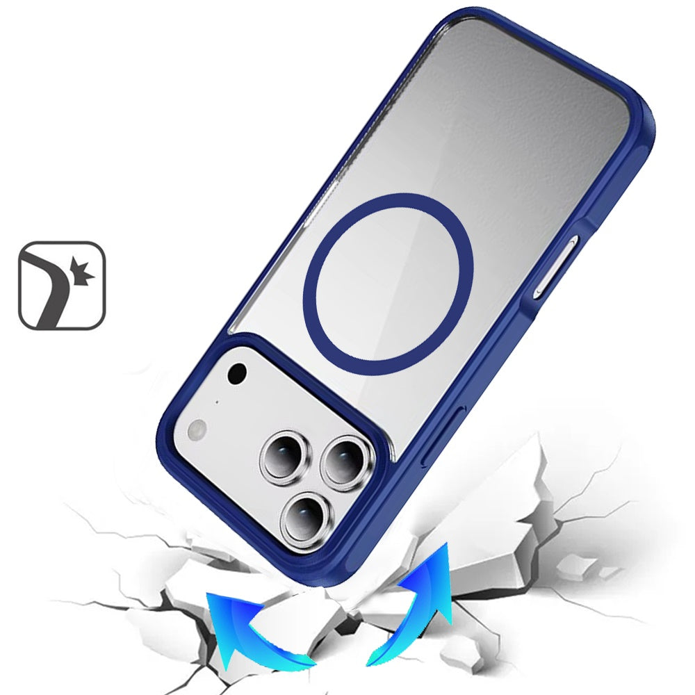 For Apple iPhone 17 Pro Max (6.9") Magnetic Circle HQ Transparent Clear TPU Thick 2.0mm Frame Hybrid Shockproof Protector Case Cover Navy Blue
