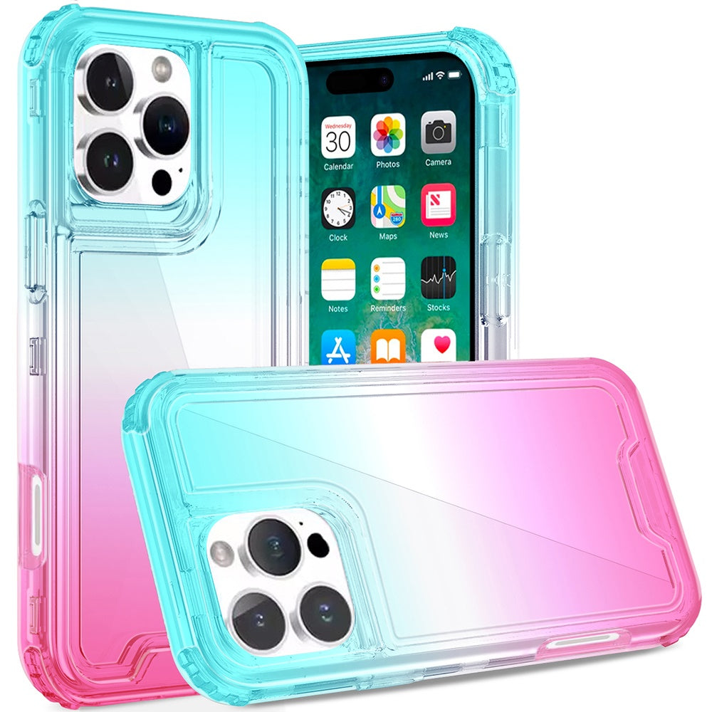 For Apple iPhone 16 Pro Max (6.9") Hybrid 3in1 Clear Two Color Tone Transparent Shockproof Rubber TPU + Hard Protective Frame Case Cover Blue Teal + Pink