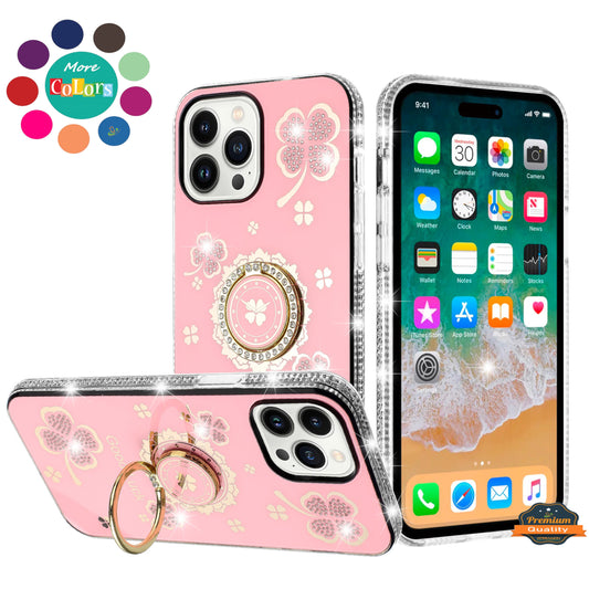 For Apple iPhone 16 Plus (6.7") Diamonds Bling All Around Edges Sparkly Glitter Hybrid with Ring Stand Holder Fashion Good Luck Case Cover