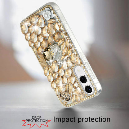 For Samsung Galaxy S25 Edge Bling Crystal 3D Full Diamonds Luxury Sparkle Rhinestone Hybrid Protective Case Cover Gold Panda Floral