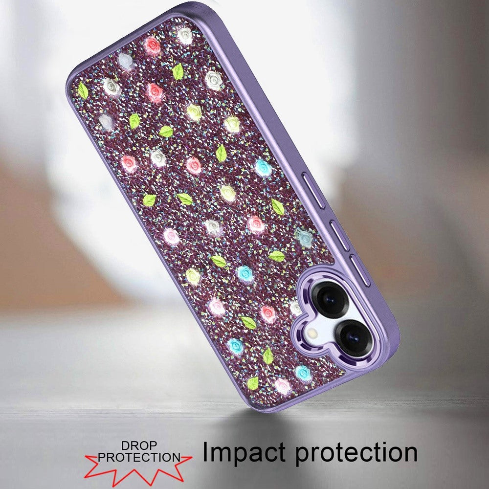 For Samsung Galaxy S26 Floral Design Embedded Glass Diamond Fancy Fashion Glitter Bling Sparkly Hybrid Rugged TPU Bumper Case Cover