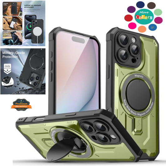 For Apple iPhone 16 Pro (6.3") Hybrid Tuff Case with Folding Stand Magnetic Holder Compatible with MagSafe [Military Shockproof] Case Cover