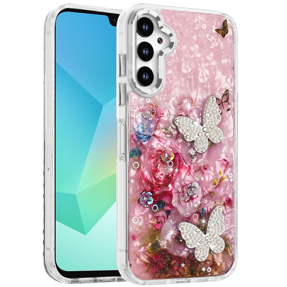 For Apple iPhone 17E /16E Epoxy Glitter Flowers Bling 3D Butterfly Fashion TPU Hybrid with Shockproof Protection Case Cover Pink