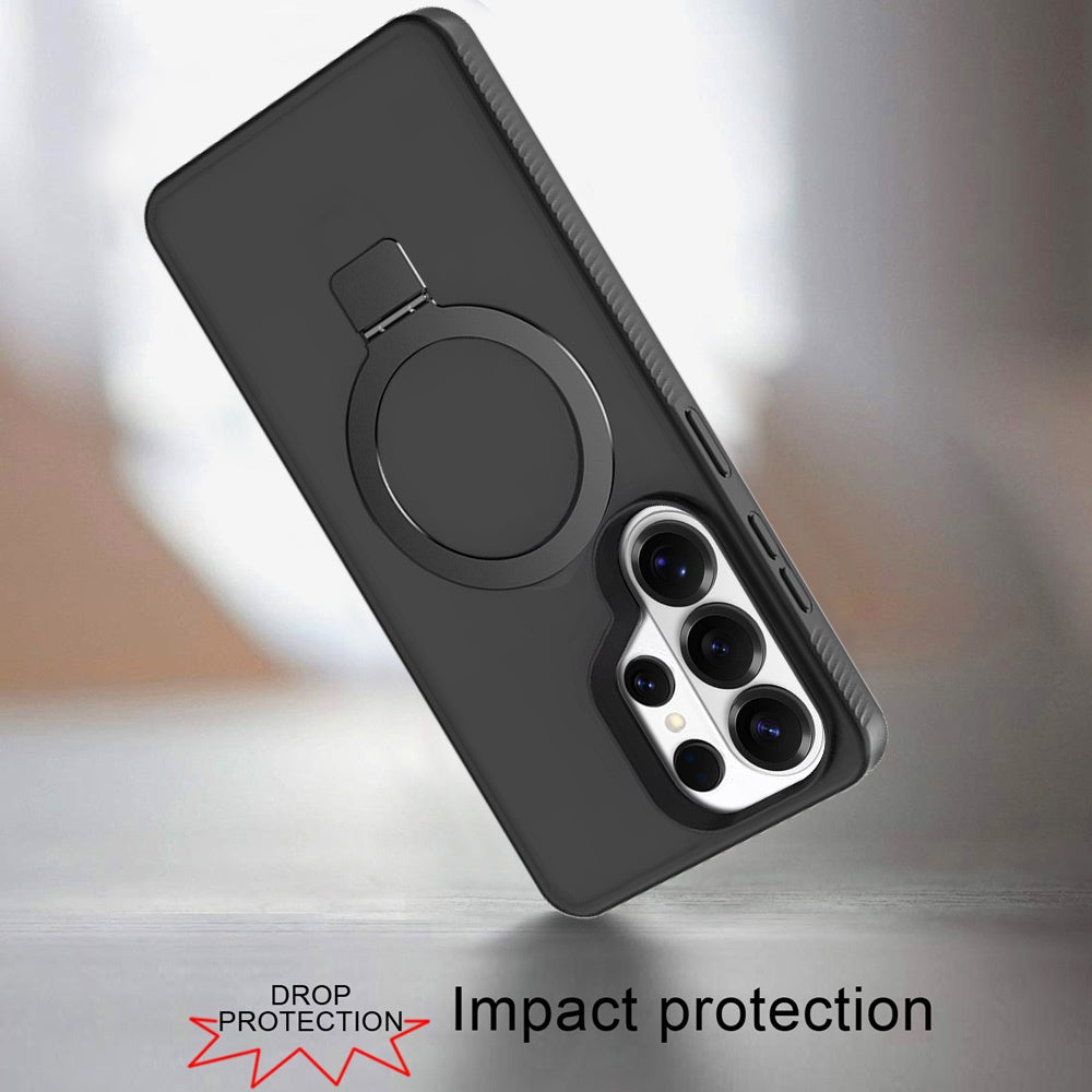 For Samsung Galaxy S26 Ultra Magnetic Circle Kickstand with MagSafe Compatibility, Matte Skin, Rugged Bumper, and Ring Holder Case Cover Black