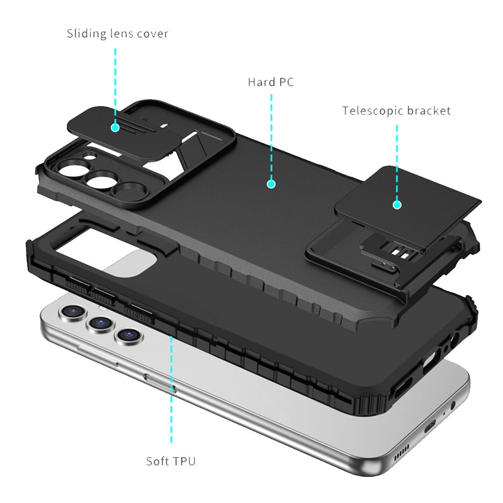 For Samsung Galaxy S22+ / S22 Plus Hybrid Hard PC & TPU Rubber Shockproof with Kickstand & Covered Camera Protection Case Cover Black