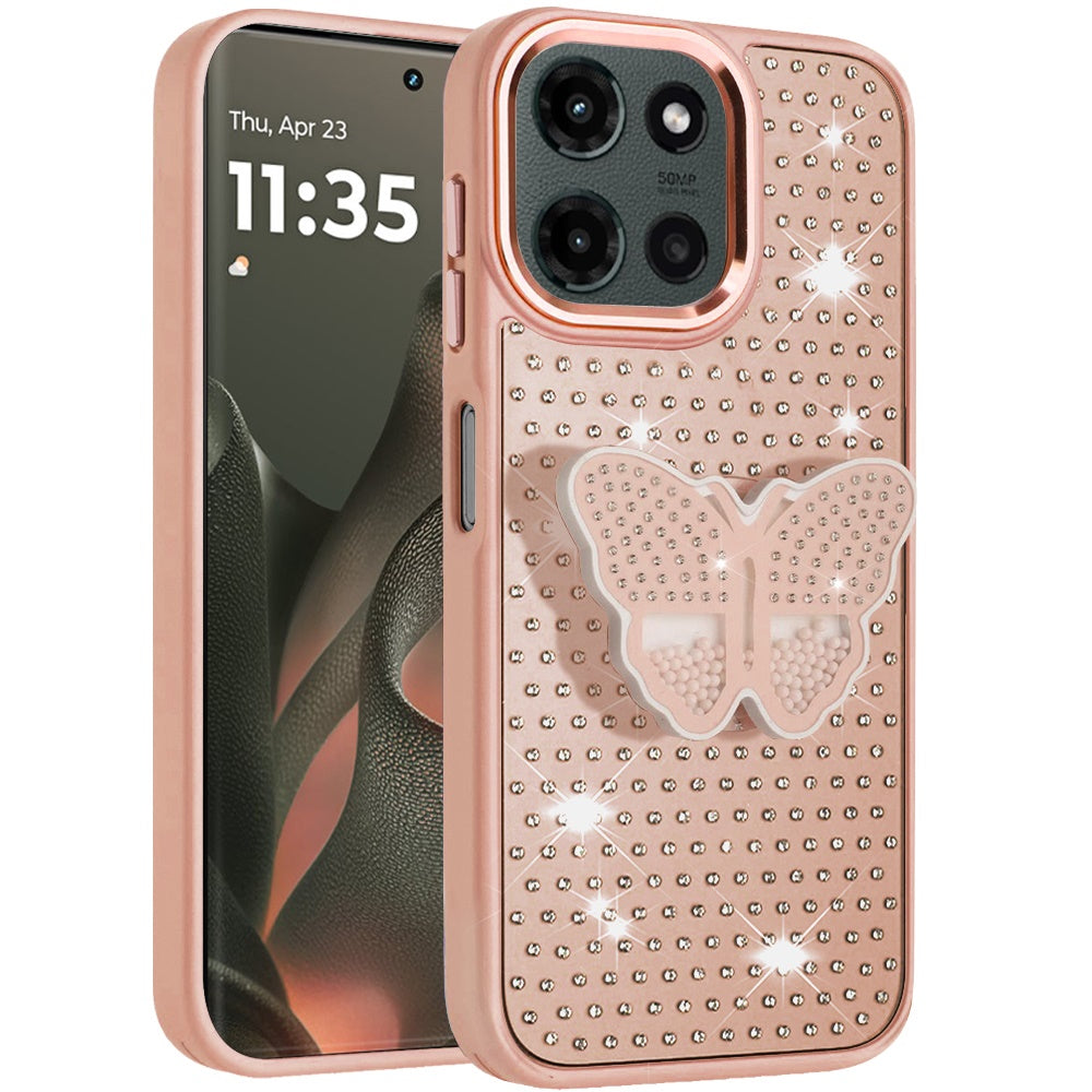 For Motorola Edge 2025 Butterfly Moveable Grip 3D Pop Stand Full Diamond Bling Sparkling TPU Fashion Hybrid Case Cover