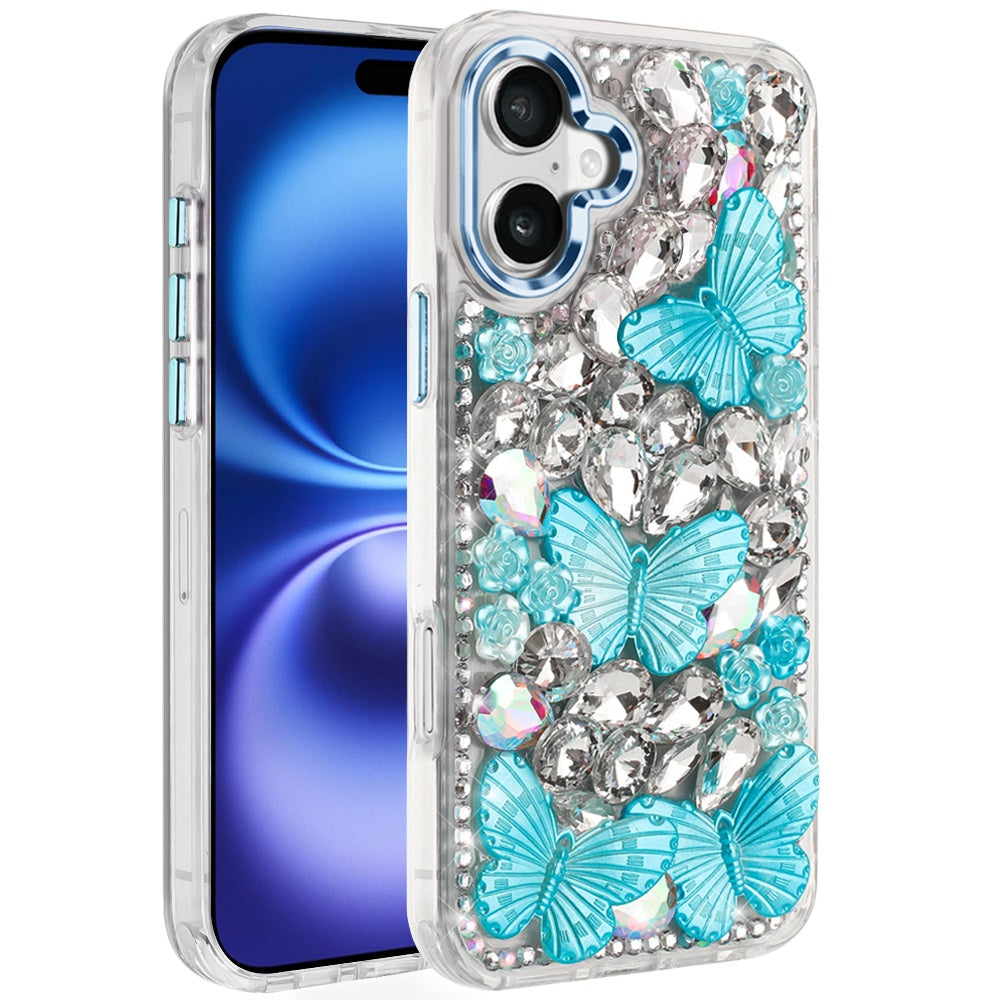 For Apple iPhone 17 (6.3") 3D Diamond Floral Butterfly Bling Stone Hybrid, Sparkly Rhinestone Gemstone Back Shockproof Case Cover