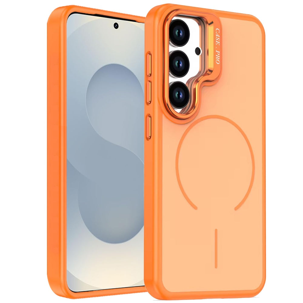 For Samsung Galaxy A17 5G Magnetic Matte Metal Camera Stand Hybrid Drop Protection Durable Shockproof Slim Fit Design Case Cover Cosmic Orange