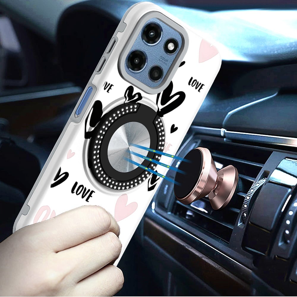 Phone Case for Motorola Moto G Play 5G 2026 Magnetic Ring Stand Matte Metal Hybrid Car Mount Friendly Shockproof Rotational Grip Diamond Design Pattern Cover Love Heart Love