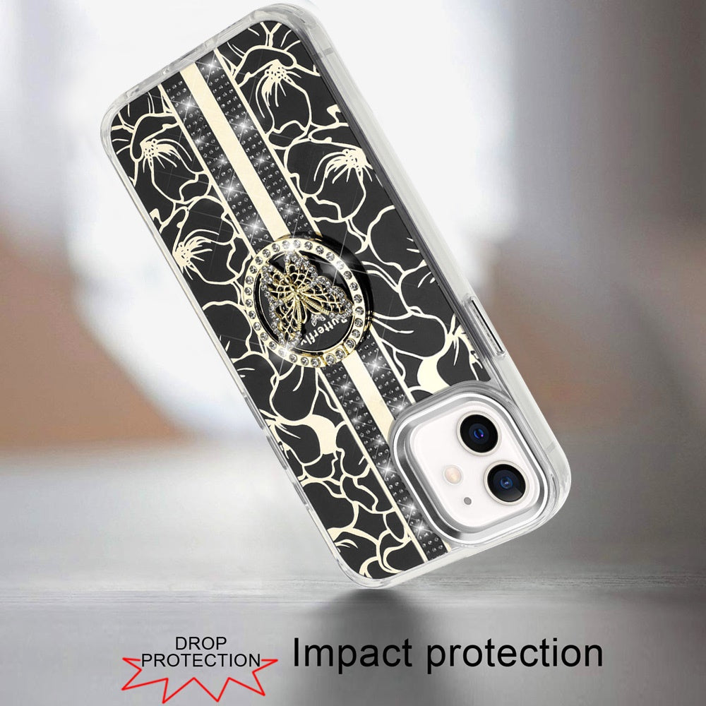 For Apple iPhone 17E /16E Diamonds 3D Butterfly Floral Design Bling Sparkly Glitter Hybrid Metal Fashion with Ring Stand Case Cover