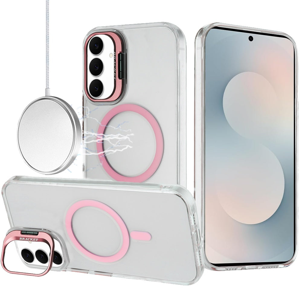 Phone Case for Samsung Galaxy S25 FE, S25 Fan Edition Clear Metallic Camera Stand Magnetic Hybrid TPU Shockproof Grip Camera Protection Kickstand Durable Armor Cover Pink