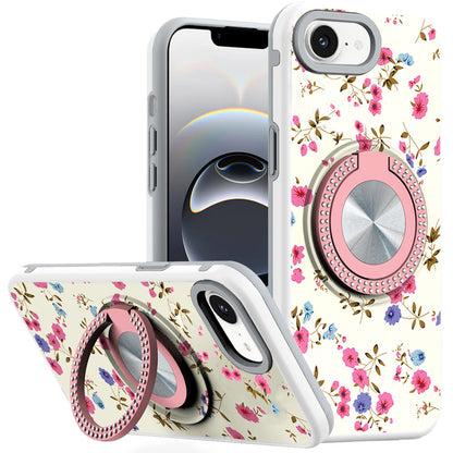For Apple iPhone 16e Pattern Design Hybrid with Invisible Ring Stand & Magnetic Back, Shockproof Protective Grip Case Cover Mini Spring Flowers
