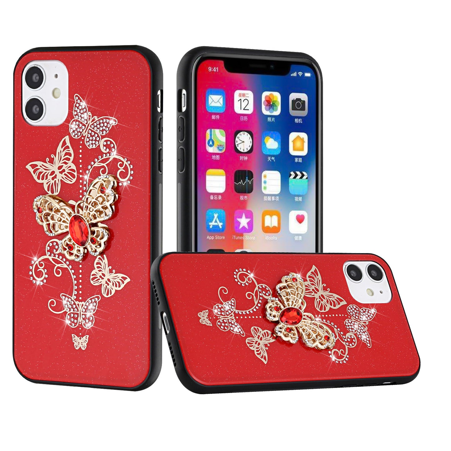 For Samsung Galaxy Z Flip 7 FE Diamonds 3D Butterfly Bling Sparkly Glitter Ornaments Engraving Hybrid Metal Fashion Case Cover Red Garden Butterflies