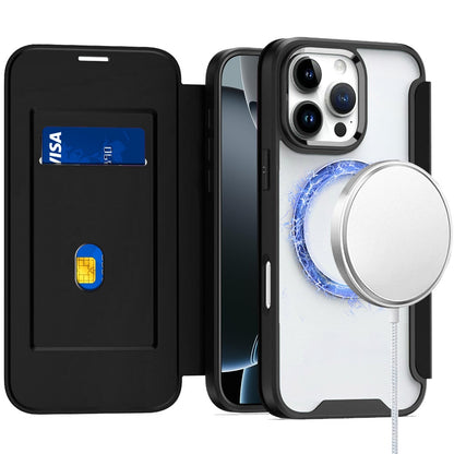 For Apple iPhone 16 Pro (6.3") Flap Wallet Case Credit Card Slot, Clear TPU Back Hard [Magnetic Circle] Compatible with Magsafe Case Cover Black