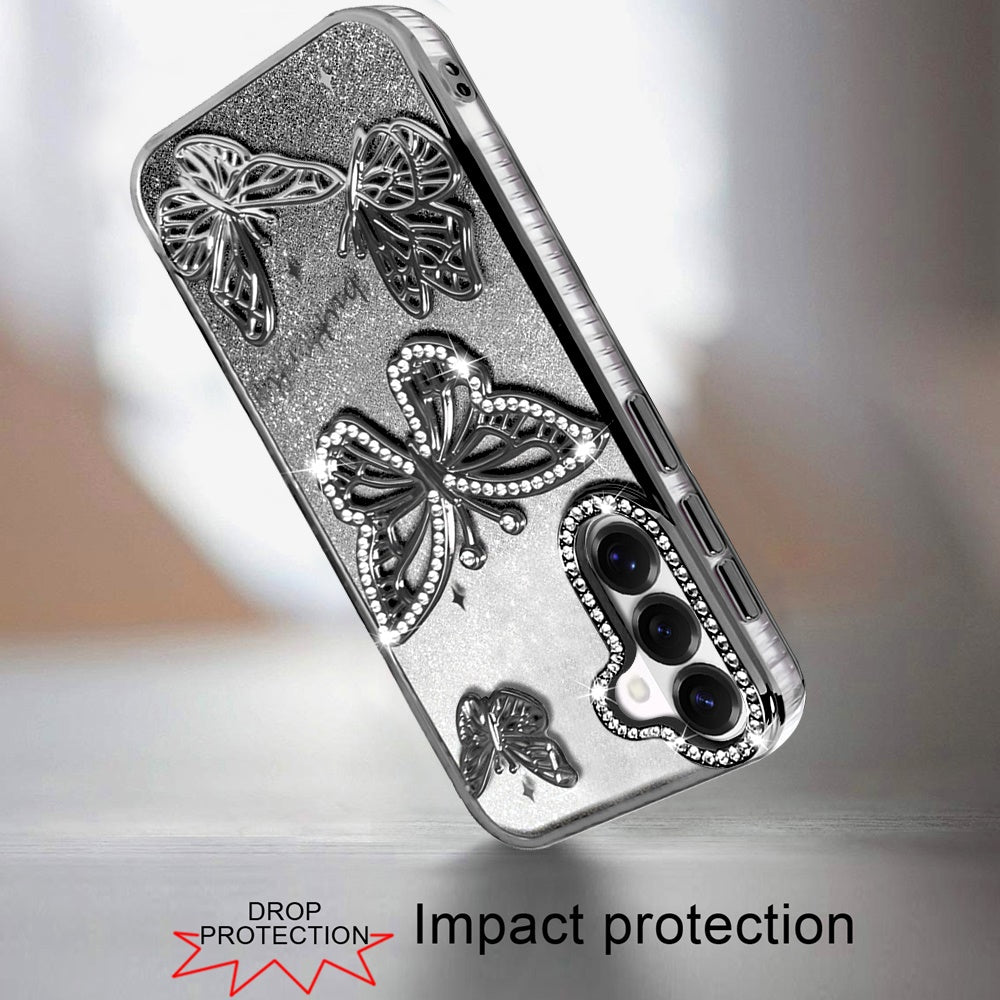 For Samsung Galaxy S26 Luxury Butterfly Sparkle Glitter Diamond Crystal Rhinestone Shimmer Bling Plating Thick TPU Hard PC Case Cover