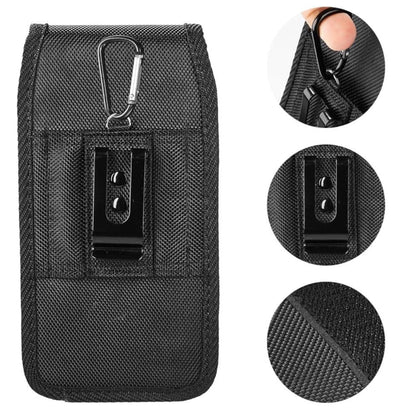 For Apple iPhone 16 Pro (6.3") Vertical Nylon Canvas Holster Universal Cell Phone Pouch Velcro Closure with Credit Card Slot & Belt Clip Loop Carabiner [Black]