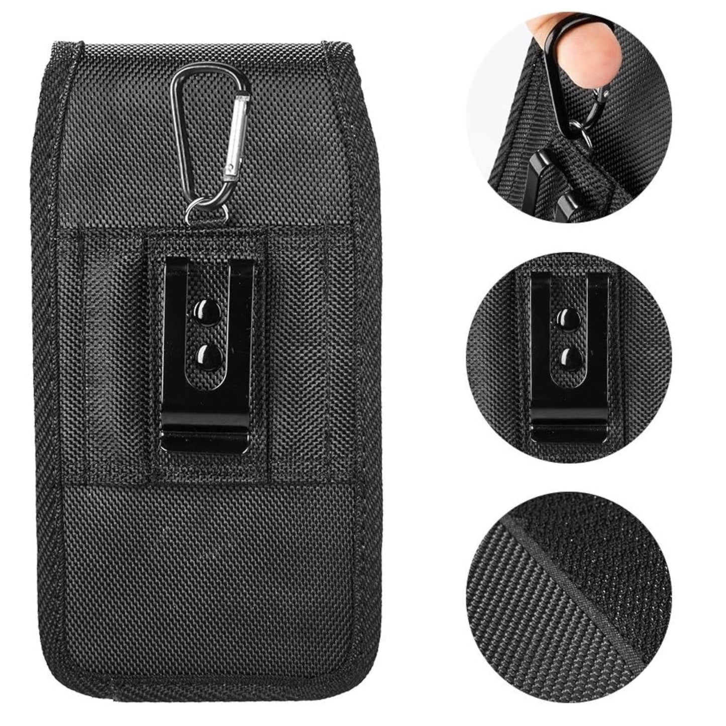 For Apple iPhone 16 Plus (6.7") Vertical Nylon Canvas Holster Universal Cell Phone Pouch Velcro Closure with Credit Card Slot & Belt Clip Loop Carabiner [Black]