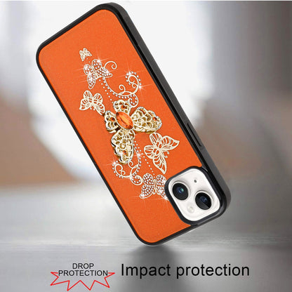 For Apple iPhone 15 Diamonds 3D Butterfly Bling Sparkly Glitter Ornaments Engraving Hybrid Metal Fashion Case Cover Good Luck Floral Cosmic Orange