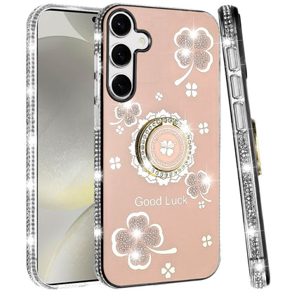 For Samsung Galaxy S25 /S24 Diamonds Bling All Around Edges Sparkly Glitter Hybrid with Ring Stand Holder Fashion Good Luck Case Cover