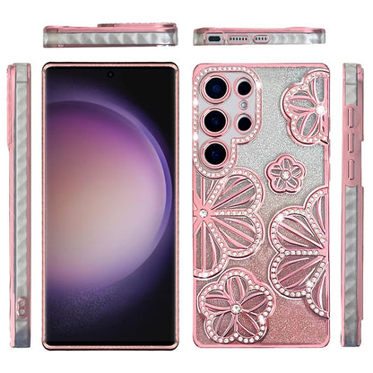 For Samsung Galaxy S23 Ultra Luxury Flower Design Sparkle Glitter Diamond Rhinestone Shimmer Bling Plating Thick TPU Hard PC Case Cover