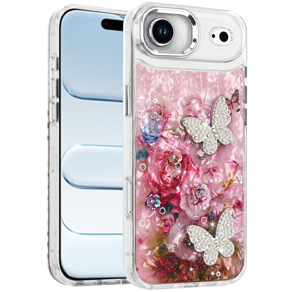 For Apple iPhone 17 Air (6.6") Epoxy Glitter Flowers Bling 3D Butterfly Fashion TPU Hybrid with Shockproof Protection Case Cover