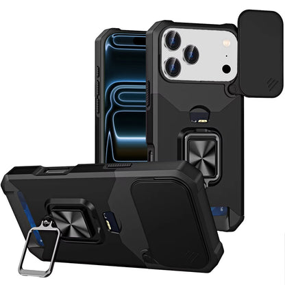 For Apple iPhone 17 Pro Max (6.9") Wallet Case with Ring Stand & Slide Camera Cover Back Credit Card Slot Holder, Military Grade Case Cover