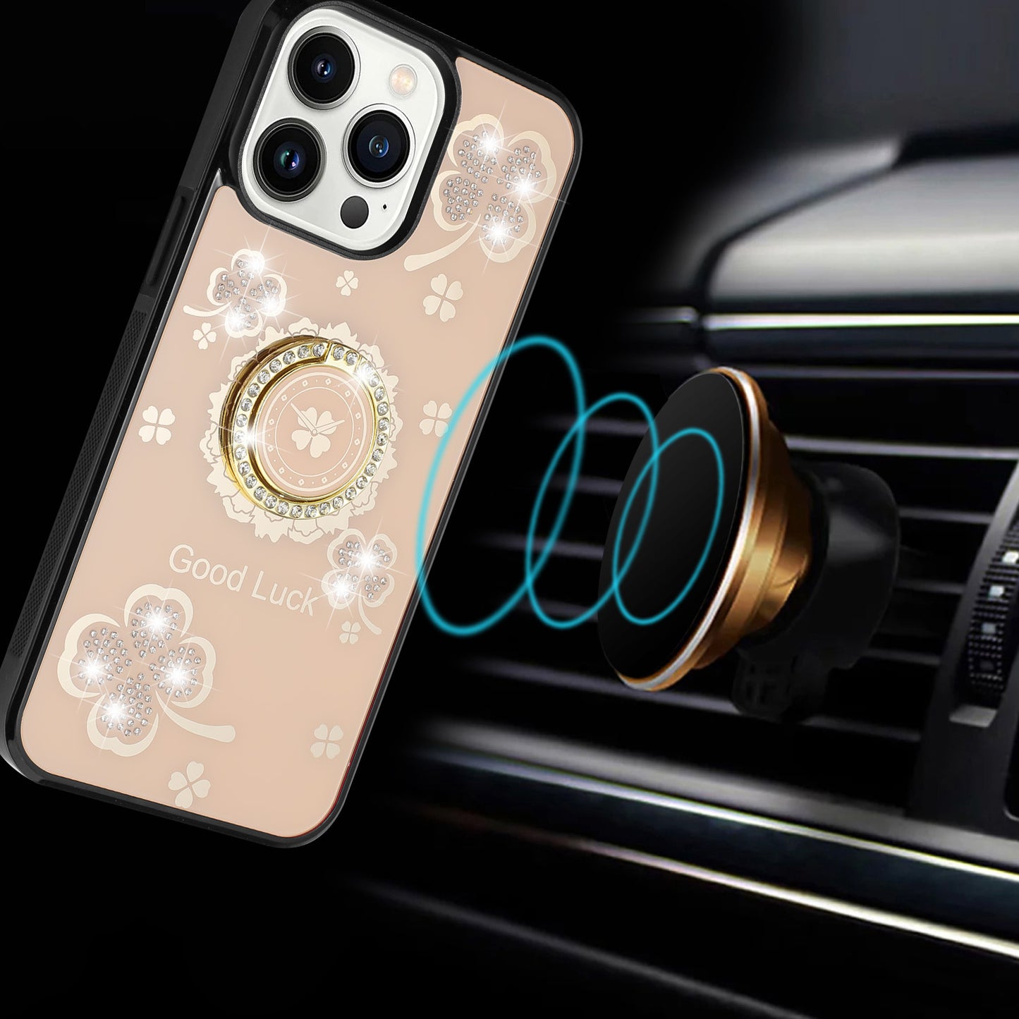 For Motorola Moto G 5G 2025 Diamonds 3D Fashion Floral Bling Sparkly Glitter Ornaments Engraving Hybrid with Ring Stand Case Cover Gold Good Luck Floral