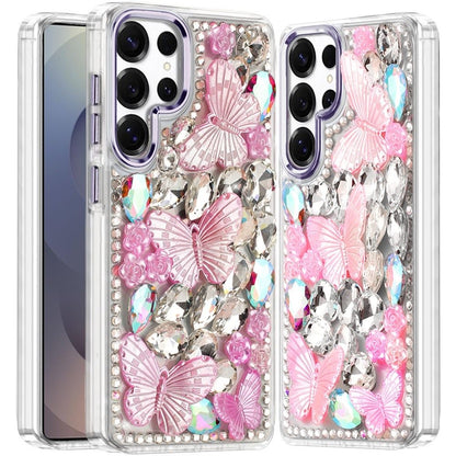 For Samsung Galaxy S25 Ultra 3D Diamond Floral Butterfly Bling Stone Hybrid, Sparkly Rhinestone Gemstone Back Shockproof Case Cover