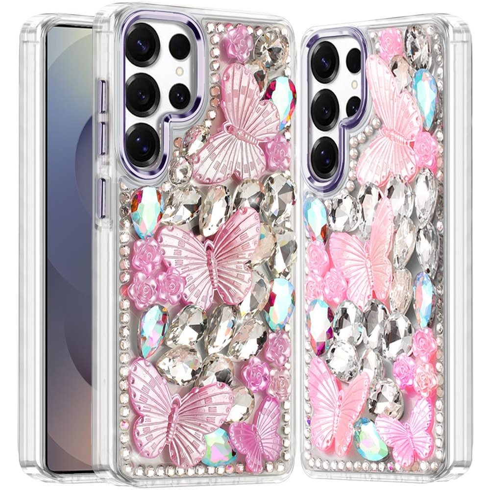 For Samsung Galaxy S23 Ultra 3D Diamond Floral Butterfly Bling Stone Hybrid, Sparkly Rhinestone Gemstone Back Shockproof Case Cover