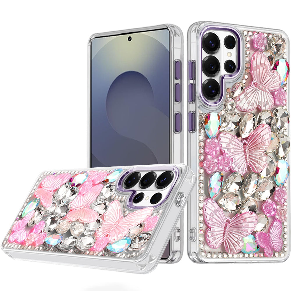 For Samsung Galaxy S26+ / S26 Plus 3D Diamond Floral Butterfly Bling Stone Hybrid, Sparkly Rhinestone Gemstone Back Shockproof Case Cover Purple
