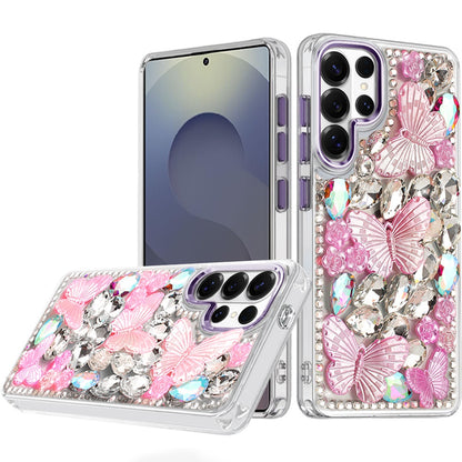 For Samsung Galaxy S26+ / S26 Plus 3D Diamond Floral Butterfly Bling Stone Hybrid, Sparkly Rhinestone Gemstone Back Shockproof Case Cover Purple